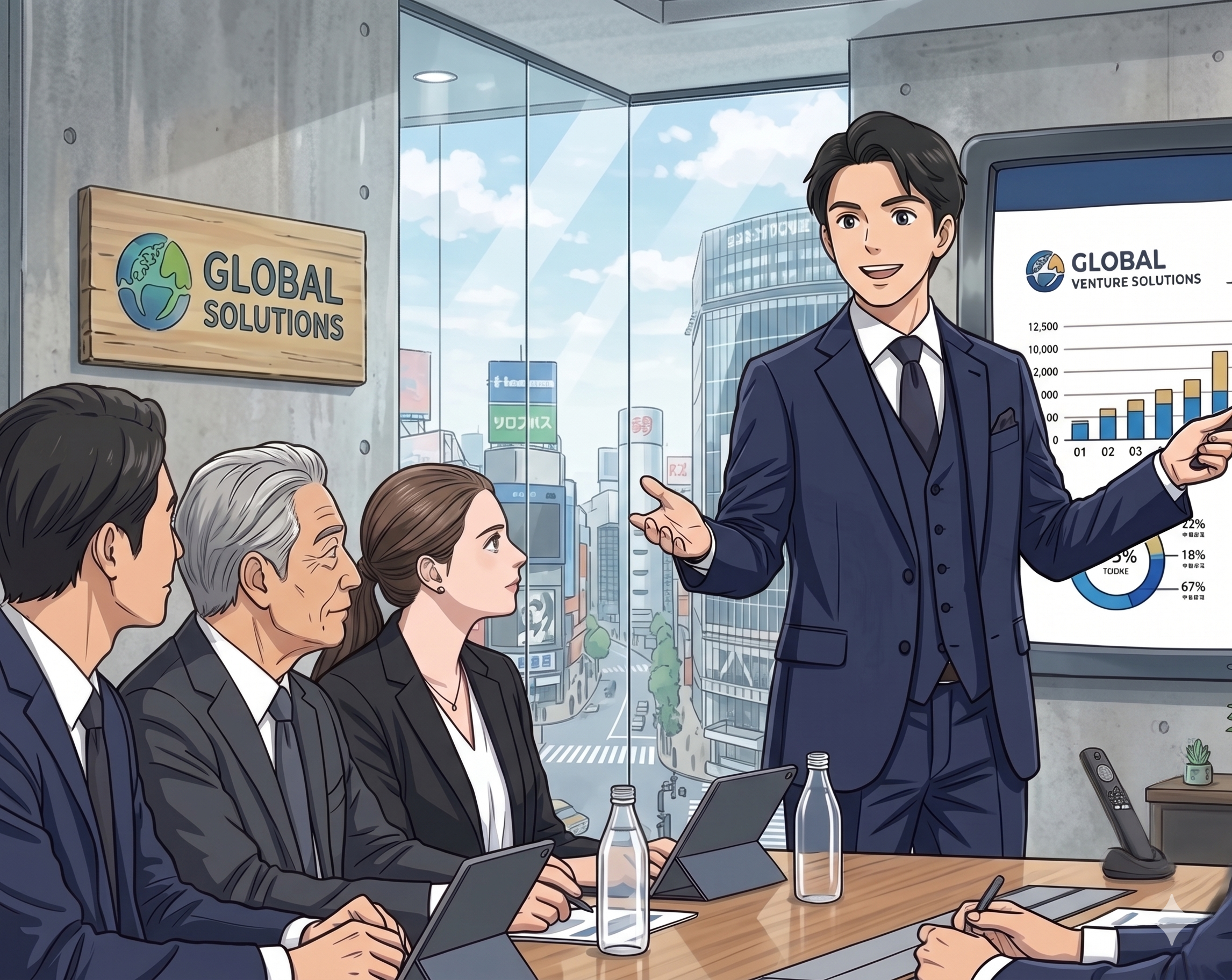 A presenter in a navy suit explains a bar chart to a group of suited colleagues in a modern office showroom with a Global Solutions sign visible on the wall.