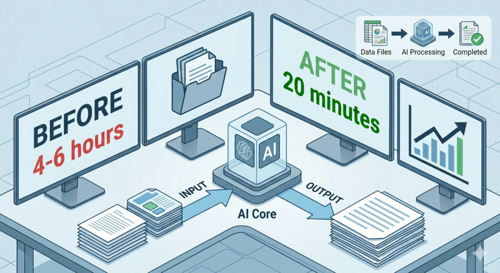 Infographic showing AI processing speeds: before 4–6 hours vs after 20 minutes, with data files and AI core icons.